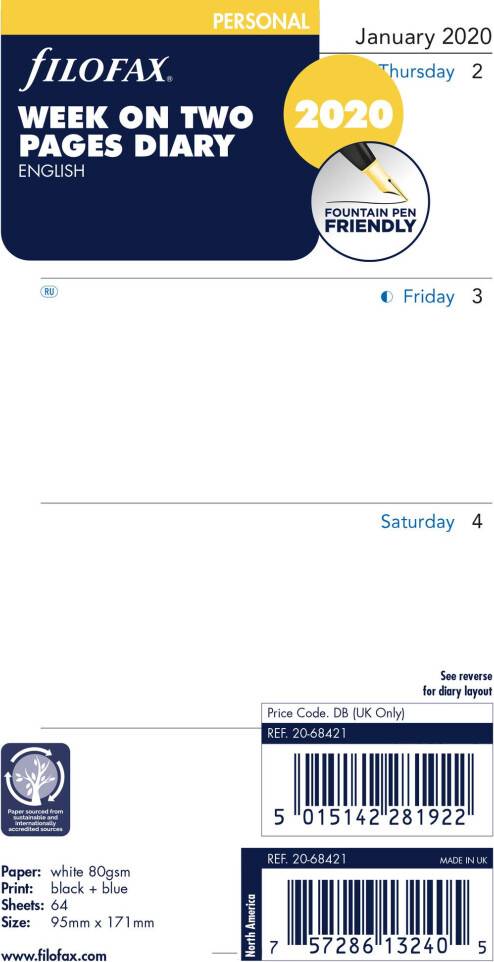Filofax refill Filofax 2020 Personal Compact Week View Refill 6.75 x 3.75 Inches