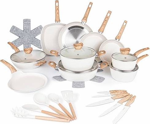 nuovva Cream Non Stick 35pcs Kitchen Cookware Set
