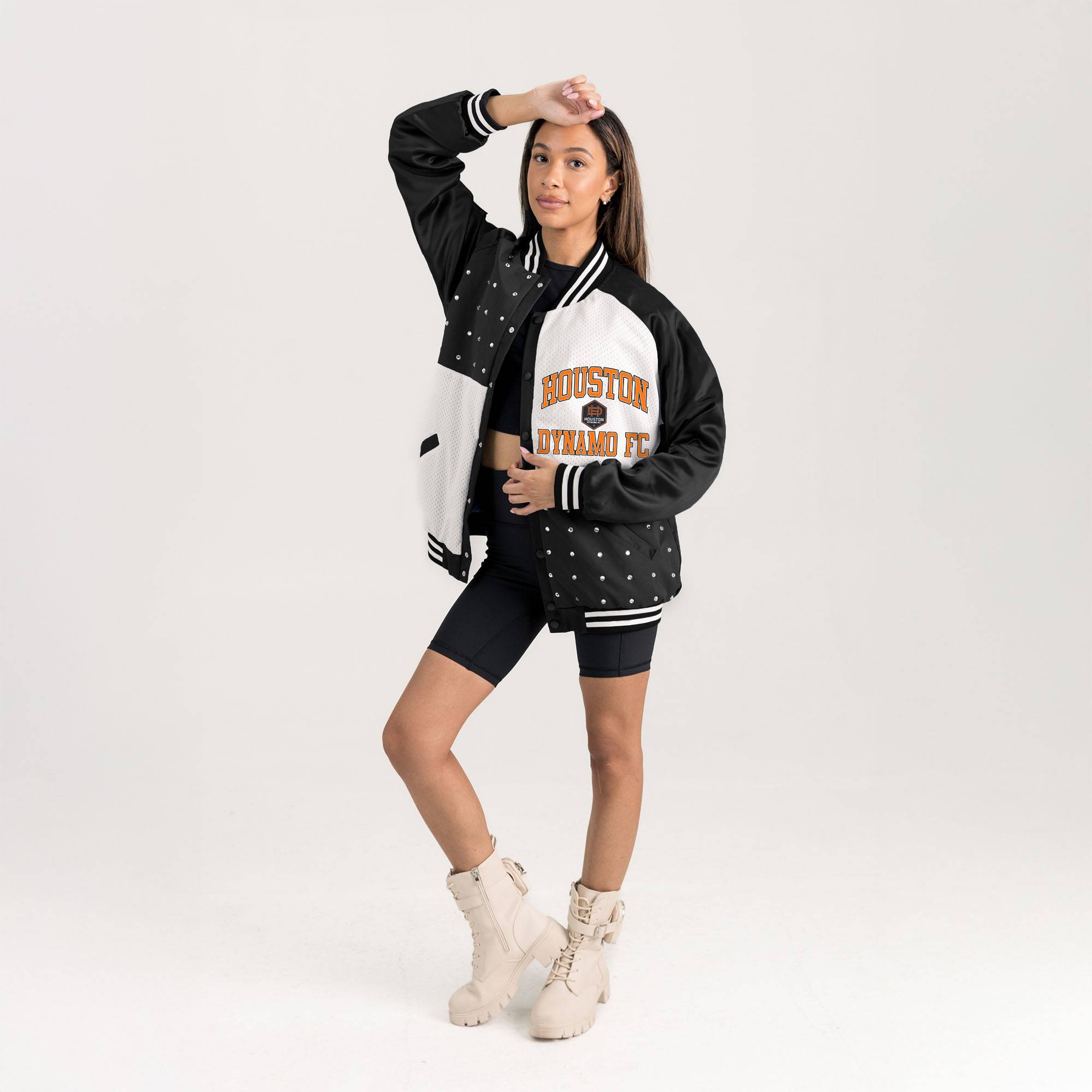 Gameday Couture Black Houston Dynamo FC Refined Rivalries Rhinestone Raglan Full-Snap Varsity Bomber Jacket