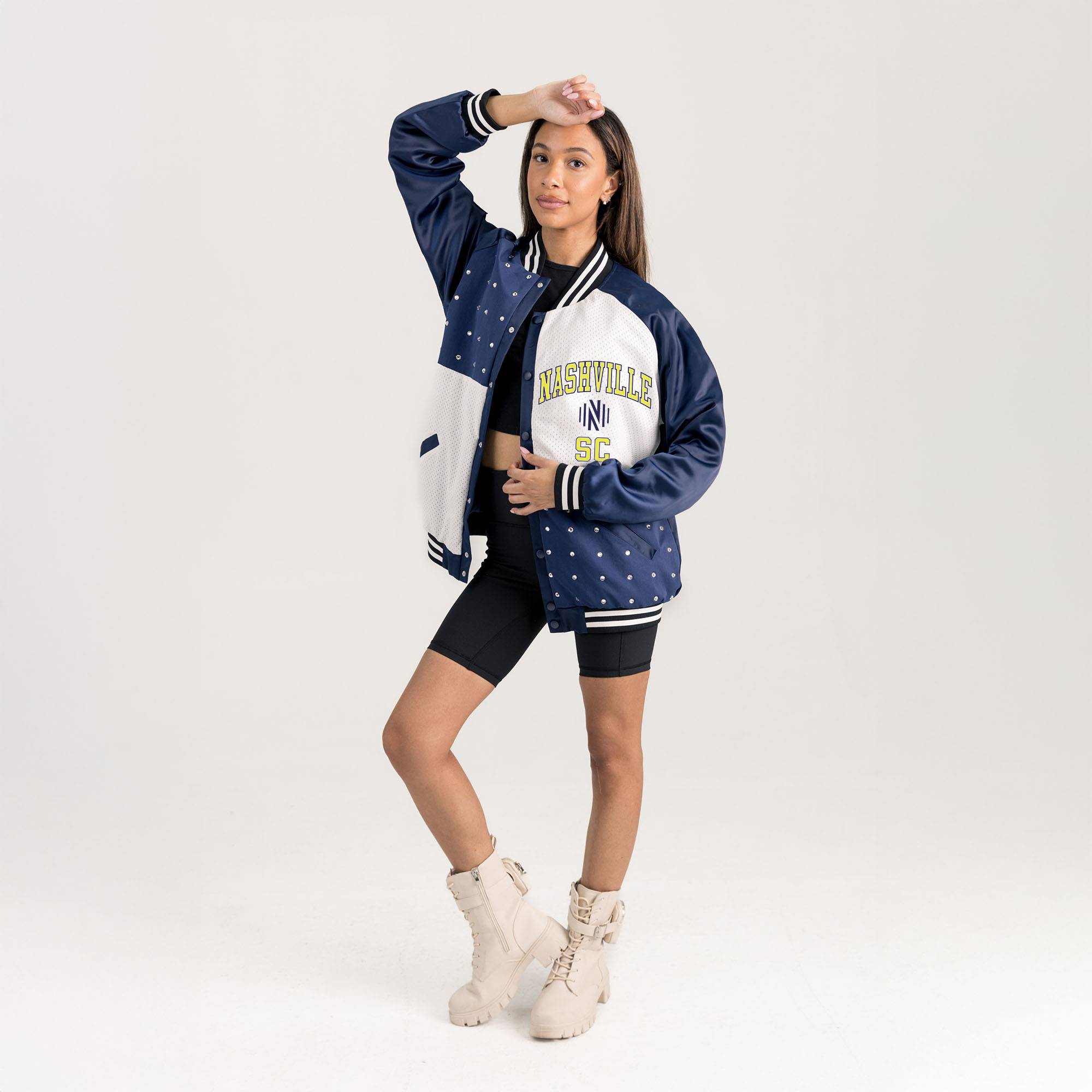 Gameday Couture Nashville SC Refined Rivalries Rhinestone Raglan Full-Snap Varsity Bomber Jacket - Navy