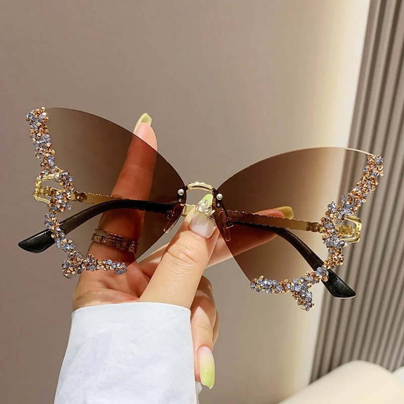 Luxury Diamond Butterfly Sunglasses Rimless - Gradual Tea