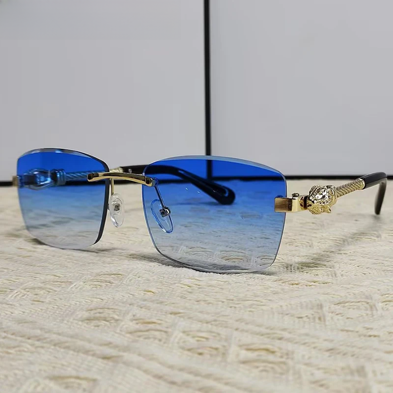 Small Rectangle Rimless Sunglasses Frameless Metal Frame - Multicolor