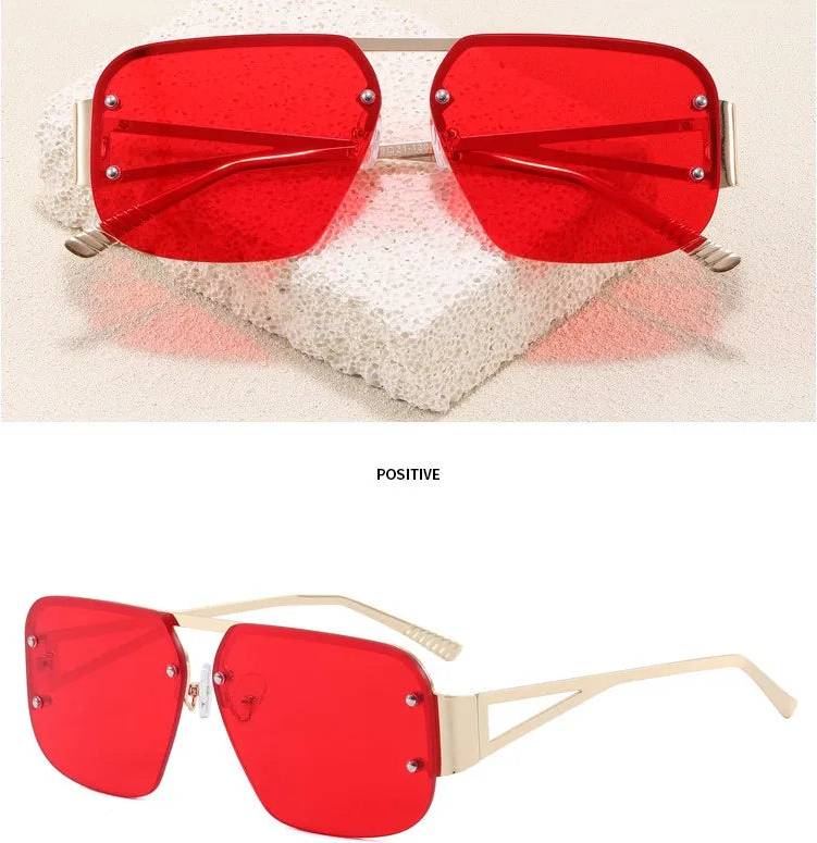 Solid Color Pc Square Half Frame Sunglasses - C2 Gold Frame Red Slice