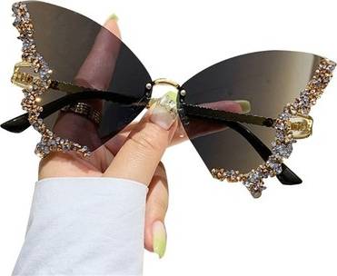 Women Rimless Rhinestone Bling Butterfly Sunglasses