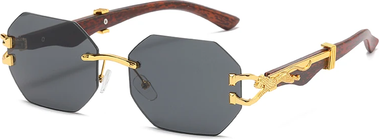 Vintage Rimless Polygonal Metal Frame Sunglasses Leopard Design Temples