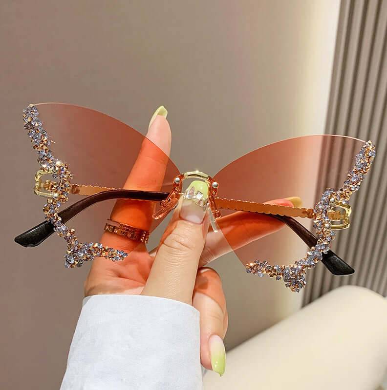 Luxury Diamond Butterfly Sunglasses Rimless - Gradual Powder
