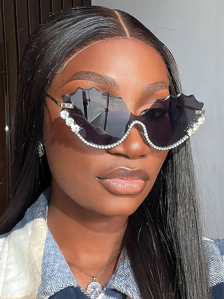 Luxury Rhinestone Wave Rimless Sunglasses UV400