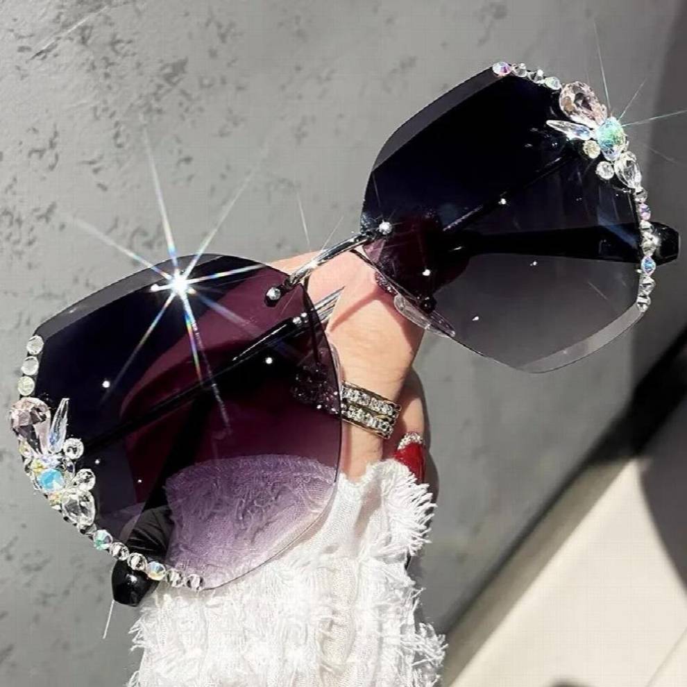 Vintage Rimless Rhinestone Sunglasses Gradient Lens Shades Female Oversized
