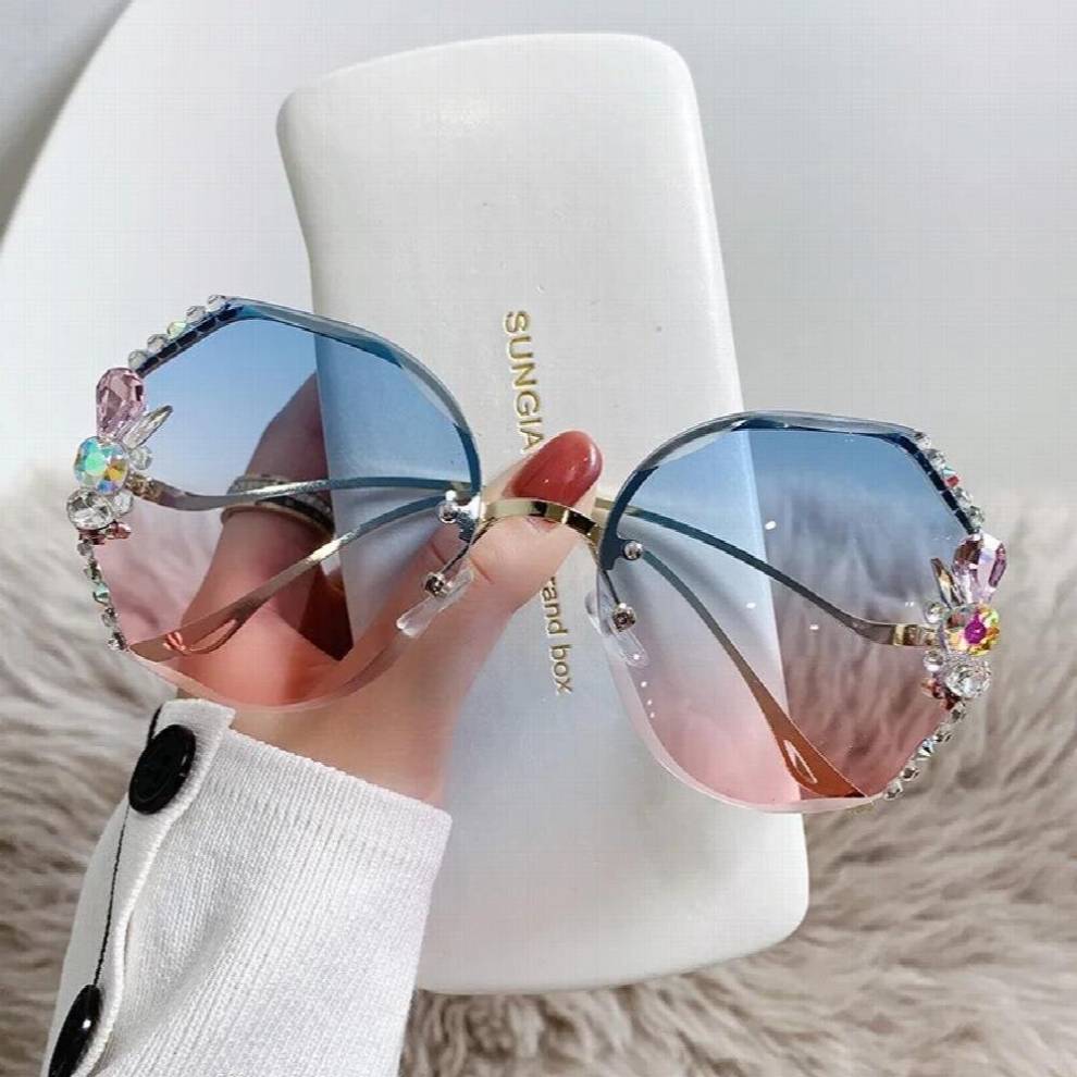 Polygon Trimmed Rimless Gradient Sunglasses Colorful Rhinestone UV400