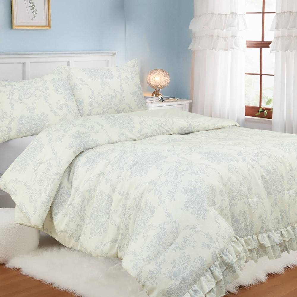 Blue queen comforter set Full Queen Ruffle Comforter Set Floral Bedspread Blue