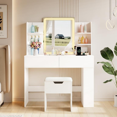 Makeup vanity table with lighted mirror Lacoo Makeup Vanity Set Lighted Mirror Storage Stool Dressing Table