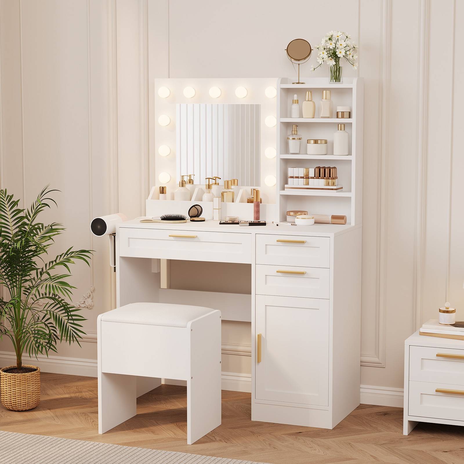 Makeup vanity table with lighted mirror Garvee Vanity Desk Lighted Mirror Storage Stool Dressing Table