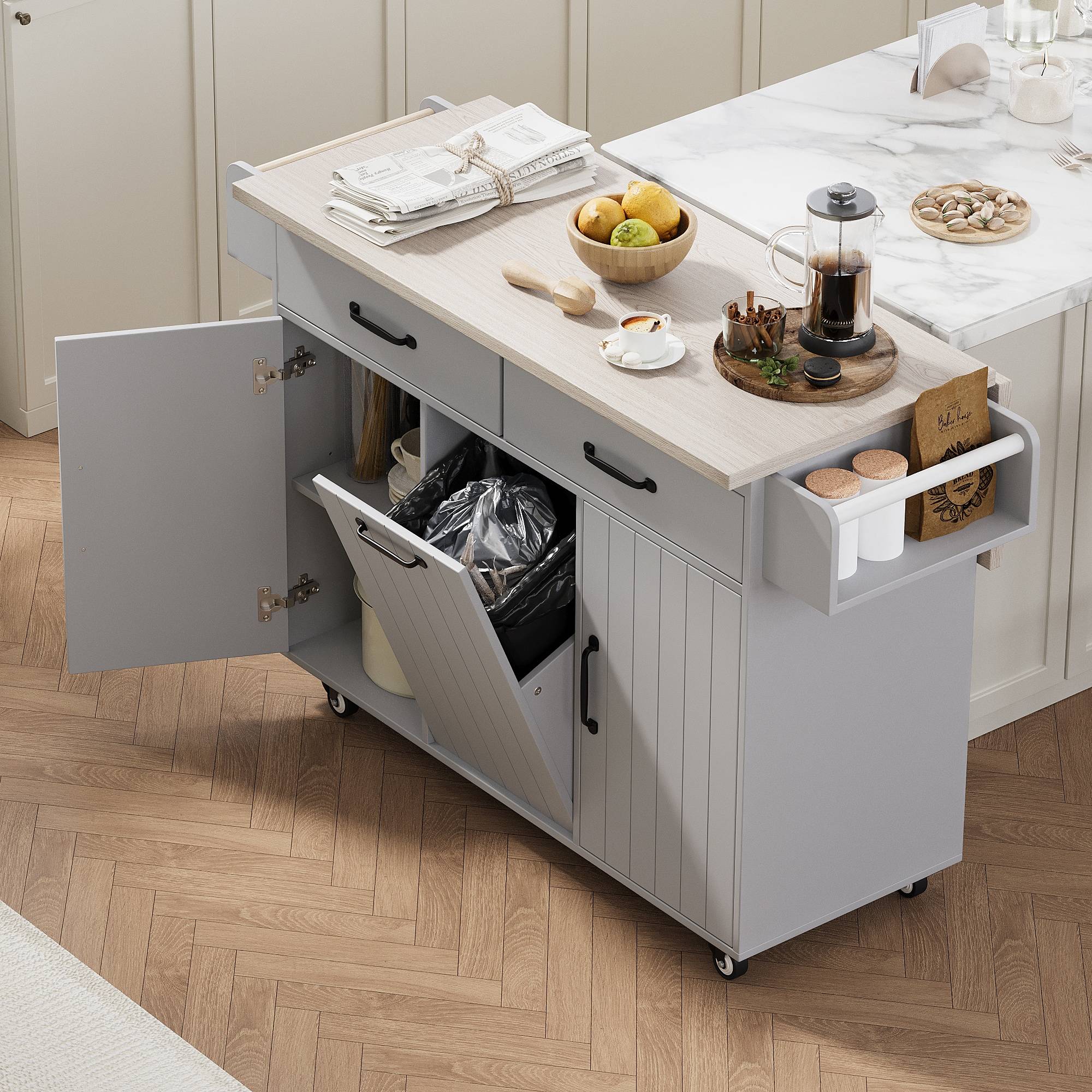 Kitchen trash can cabinet Lirago Kitchen Island Trash Can Storage Cabinet Drop Leaf Spice Rack Towel Rack Drawer Rolling