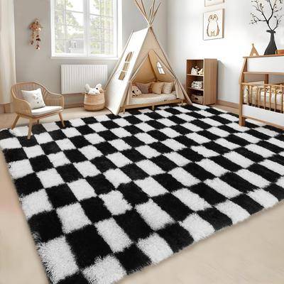 Garvee Modern Geometric Checkered Shag Area Rug Multicolor