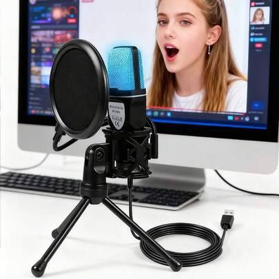 Pc microphone Shein USB Capacitive Microphone For PC With RGB Indicator Light