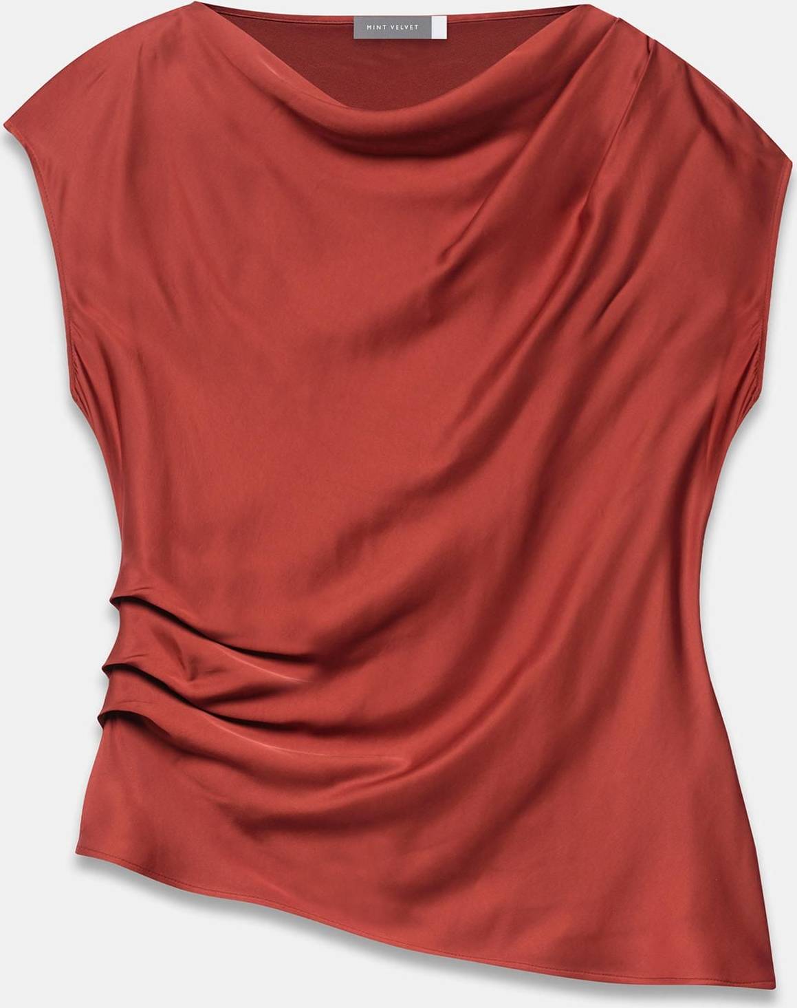 Satin Ruched Asymmetric Top - Red