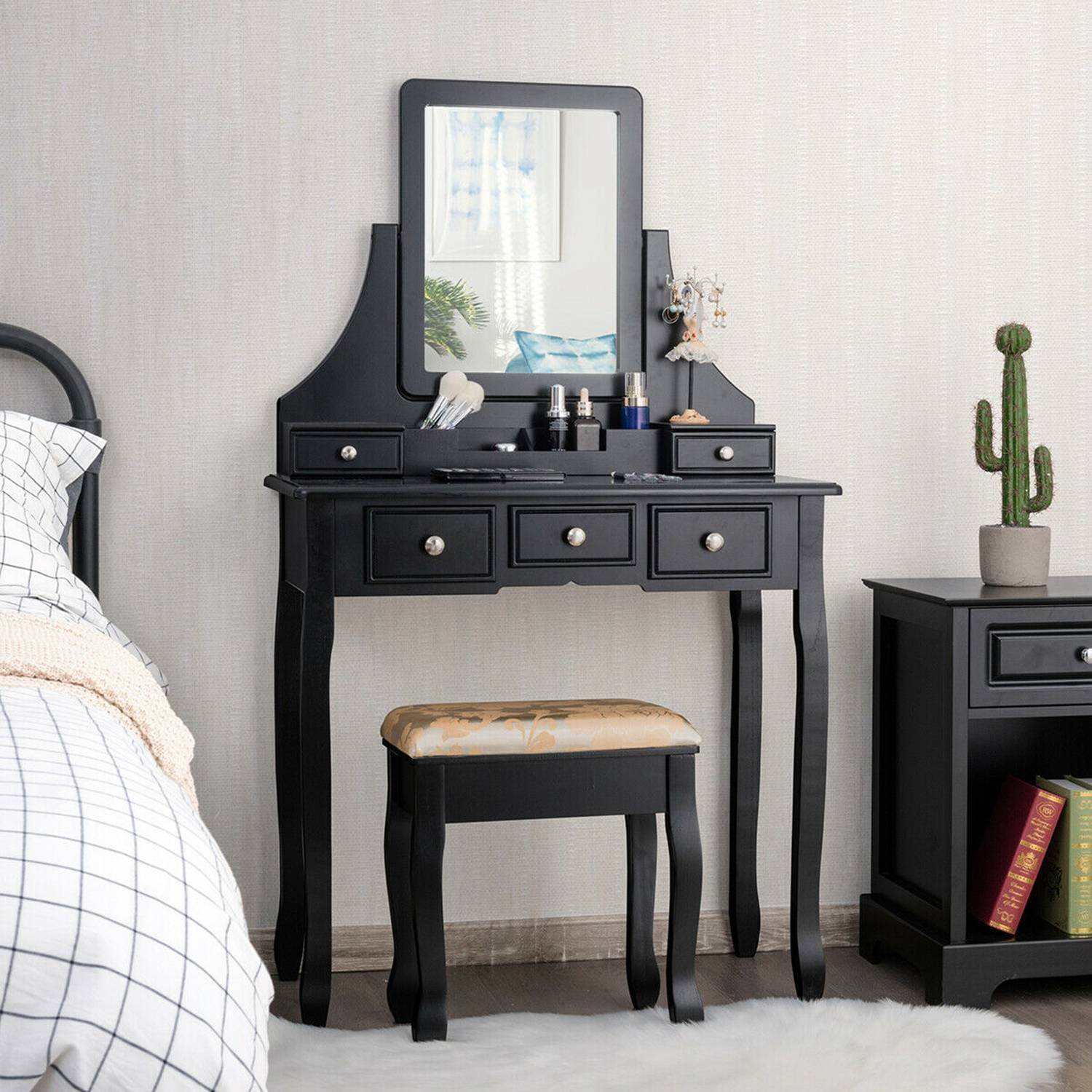 Black vanity set Costway Vanity Set Makeup Stool Dressing Table