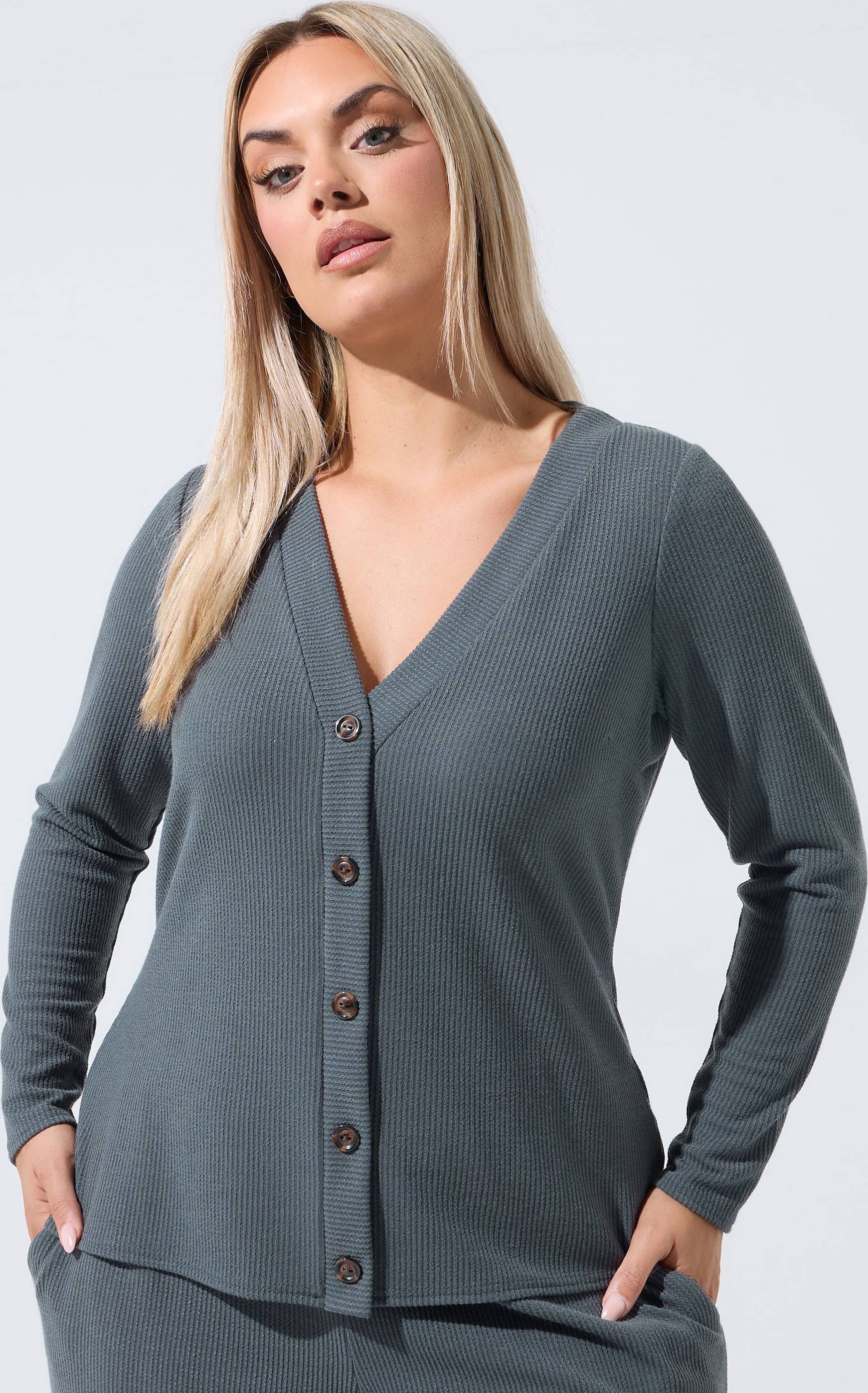 Yours Limited Collection Plus Size Grey Ribbed Button Cardigan
