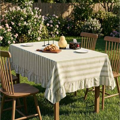 Shein Fresh Striped Ruffle Rectangular Tablecloth Green