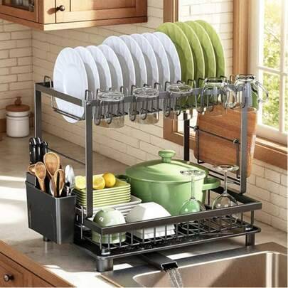 Black towel holder Shein 2 Tier Multifunctional Dish Drying Rack Paper Towel Holder