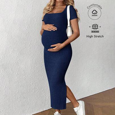 Shein Maternity Solid Color Square Neck Short Sleeve Ribbed Side Slit Dress
