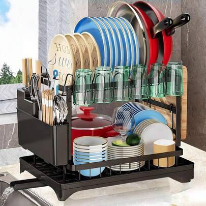 Black towel holder Shein 2-Tier Dish Drying Rack For Kitchen Countertop Paper Towel Holder