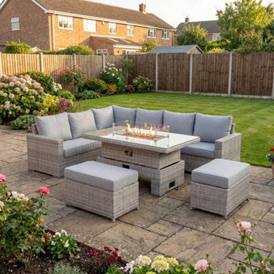 Garden firepit table DS Living Large Corner Rattan Dining Rising Firepit Table Right Hand Grey Outdoor Lounge Set