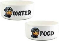 Cartoon Rottweiler Food Water Bowl Set White