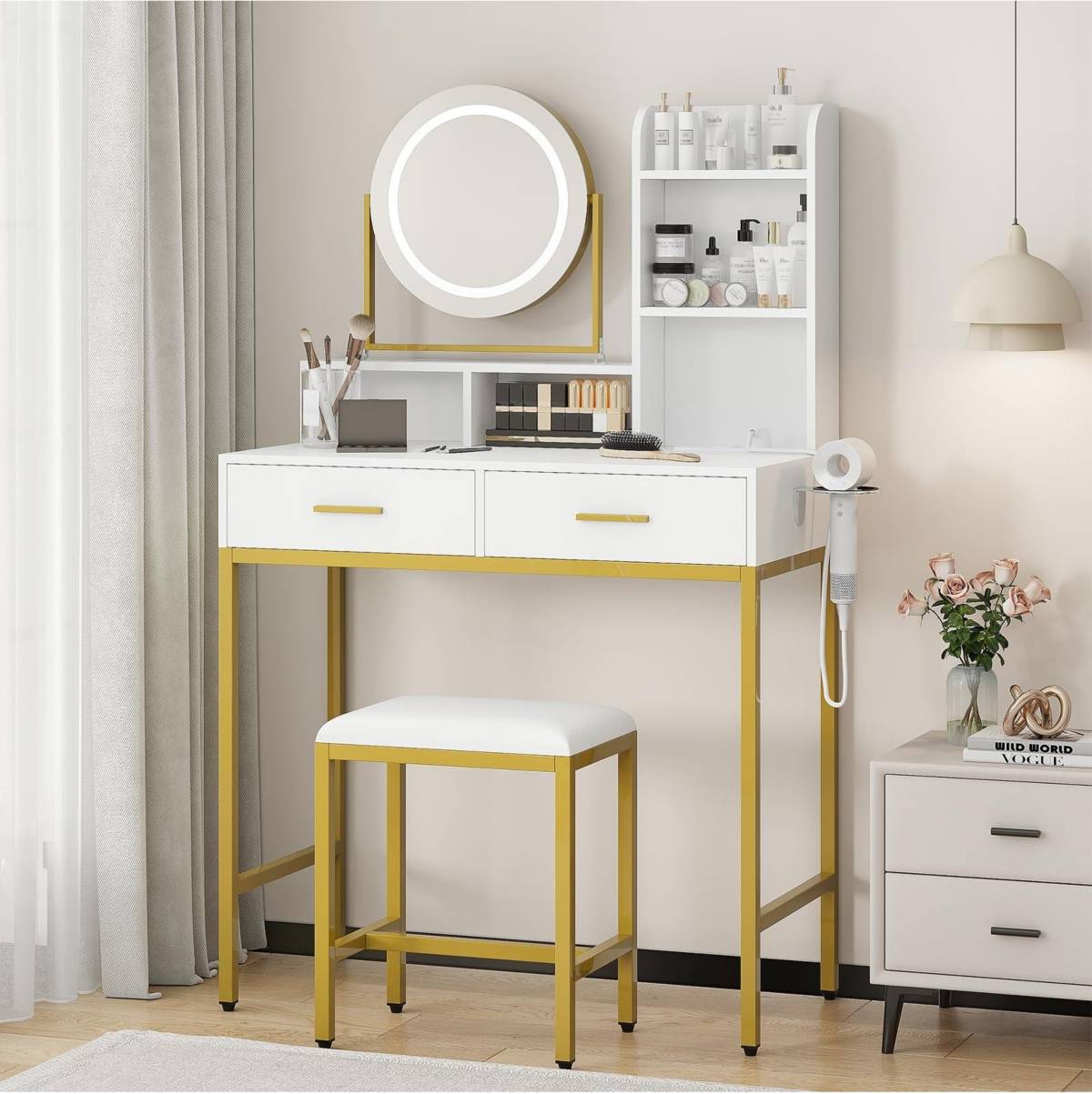 Makeup vanity table with lighted mirror Gaomon Makeup Vanity Set Rotating Lighted Mirror Dressing Table