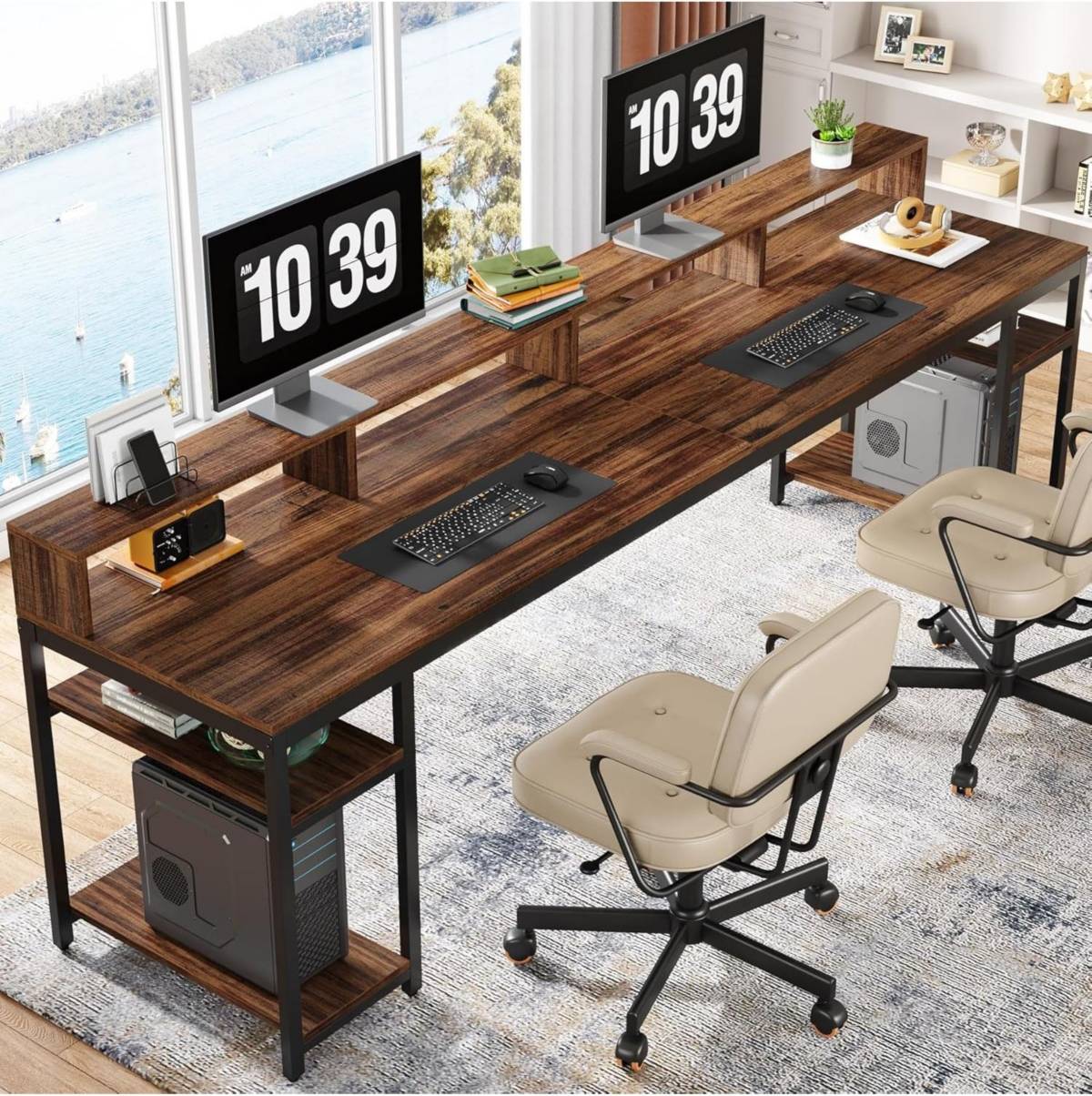 Monitor stand with storage Tribesigns Two Person Double Computer with Monitor Stand Writing Desk