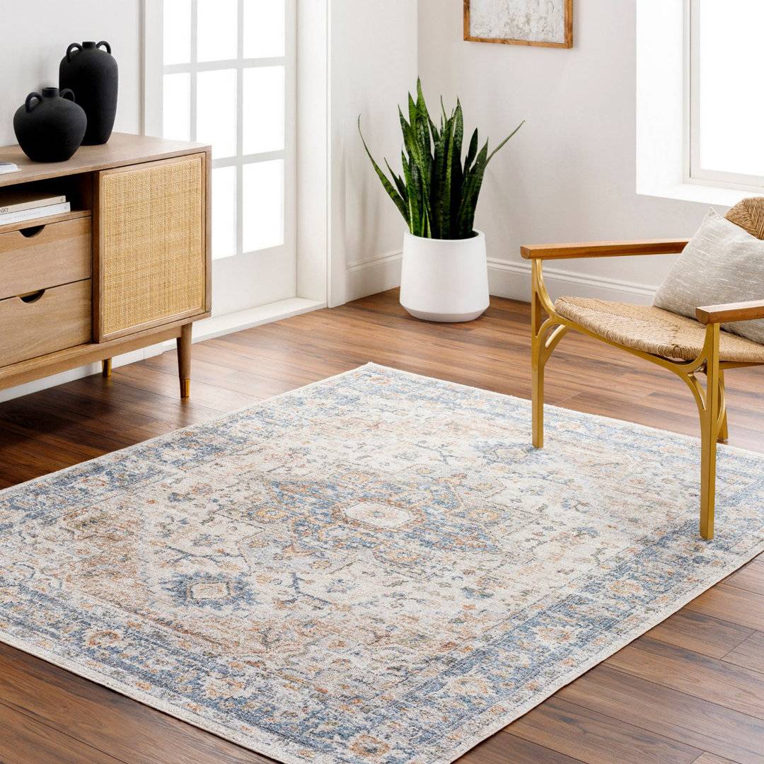 Latitude Run Traditional Washable Bordered Floral Anti-Slip Rug Transparent