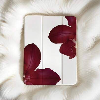 Shein Simple Red Flowers Pattern Tri-Fold Flip Leather Case