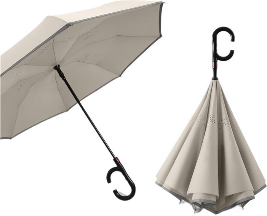 Large umbrella windproof Large Inverted Umbrella Windproof Double Layer Reverse Design CShaped Handle - White