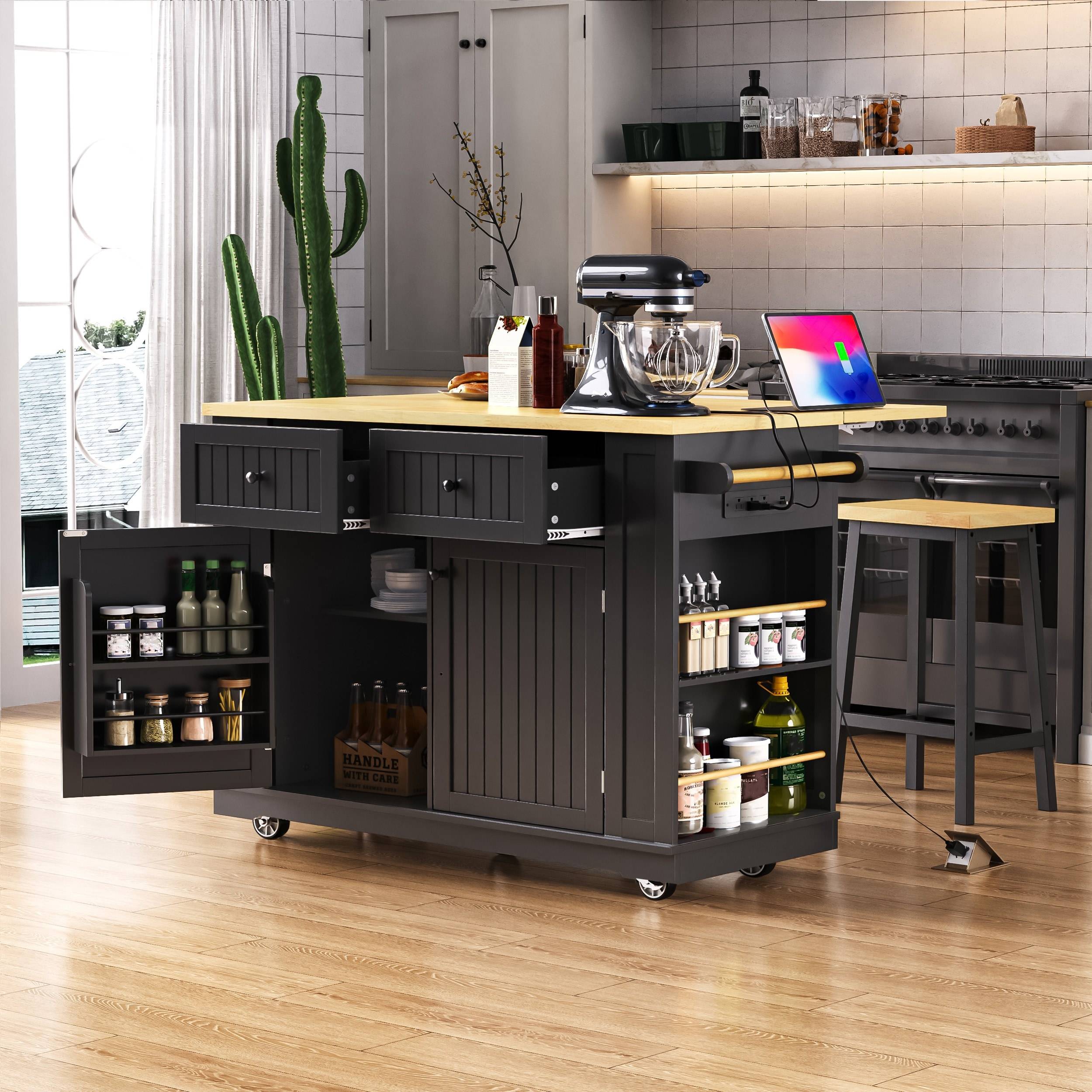 Kitchen storage rack Lirago 48 Inch Kitchen Island with 2 Bar Stools Storage Rack