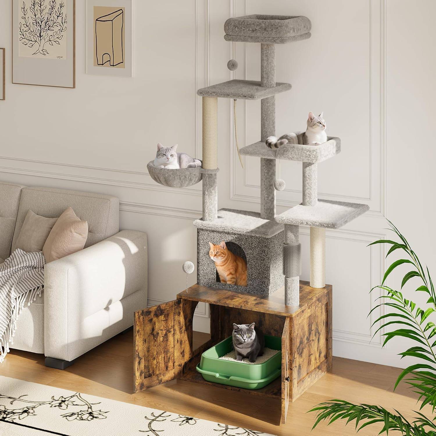 Litter box cat tree Gaomon Cat Tree With Litter Box Enclosure Multiple Platforms
