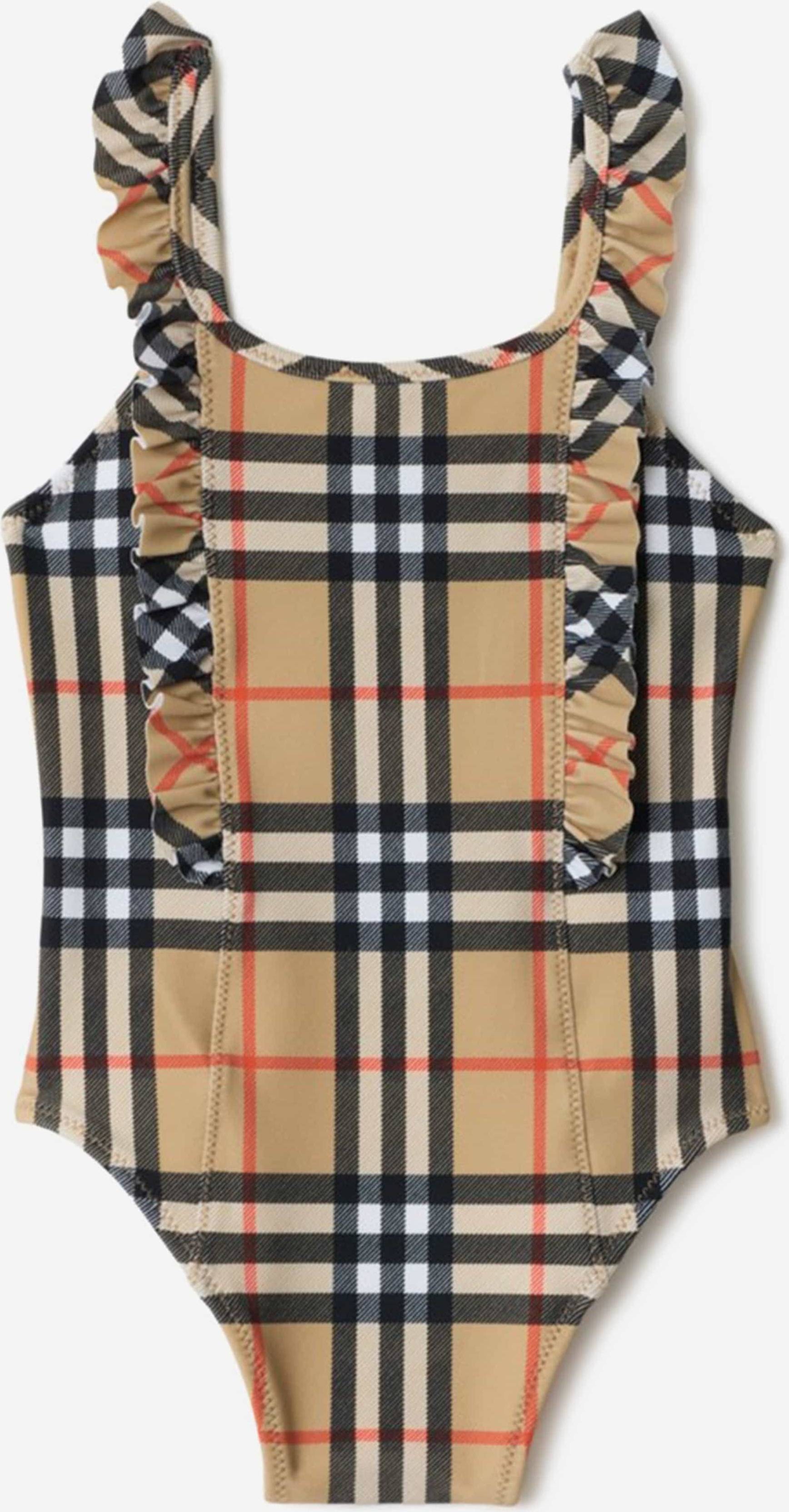 Burberry Check Ruffled Swimsuit - Beige/Camel