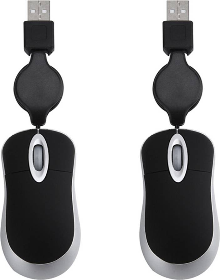 2X Mini USB Wired Mouse Retractable Cable