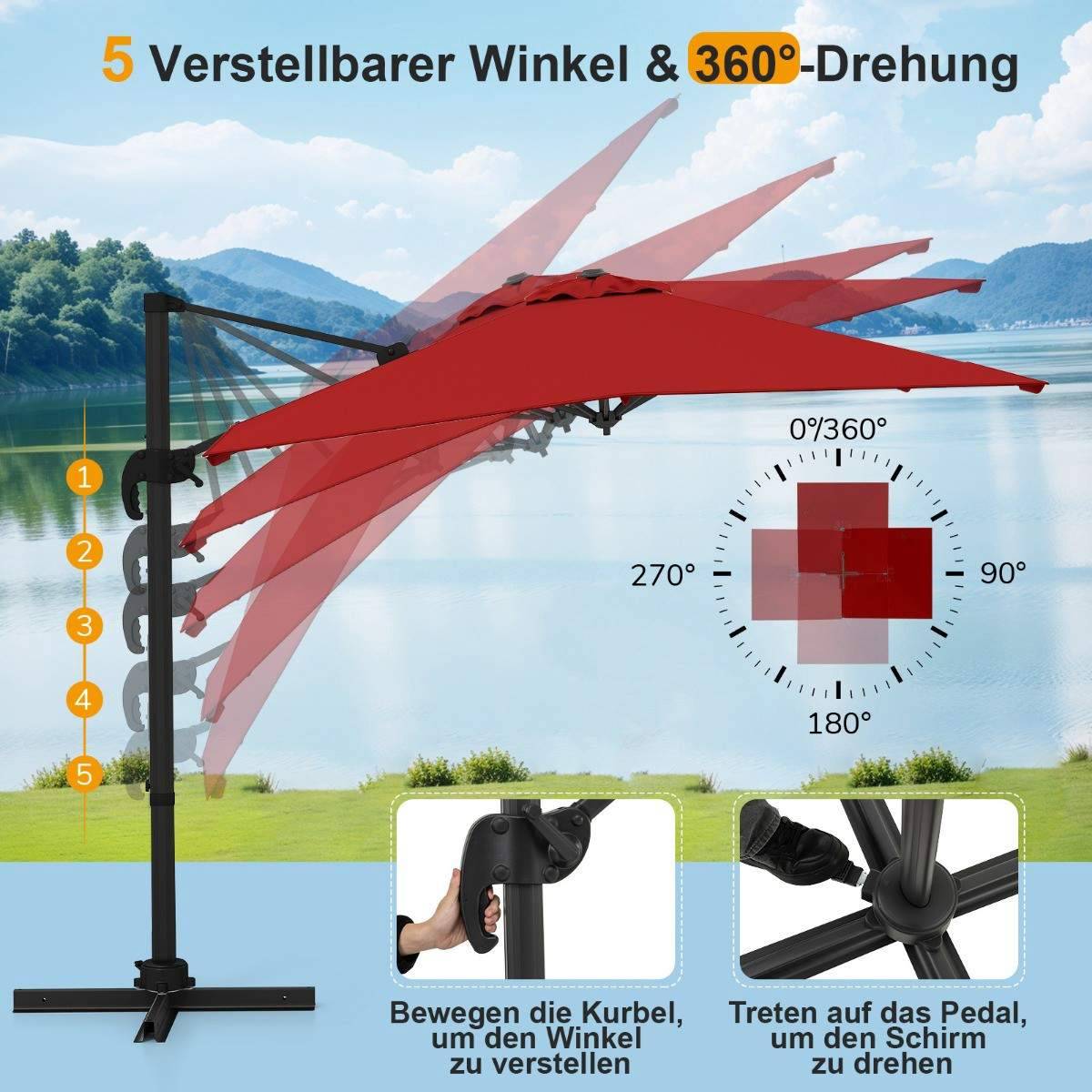 Northix Rektangulärt Rött Parasoll Justerbart 360 Graders Rotation 360cm
