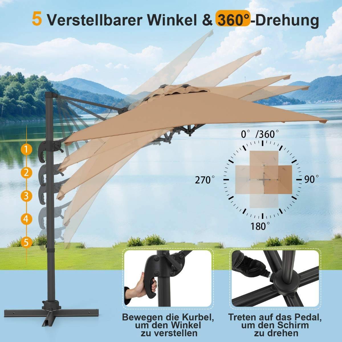 Northix Rektangulärt Parasoll Justerbart 360 Graders Rotation 360cm
