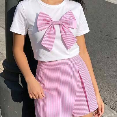 Shein 2-Delat Set Randigt Tweenflickor Rund Halsringning - Rosa/Vit