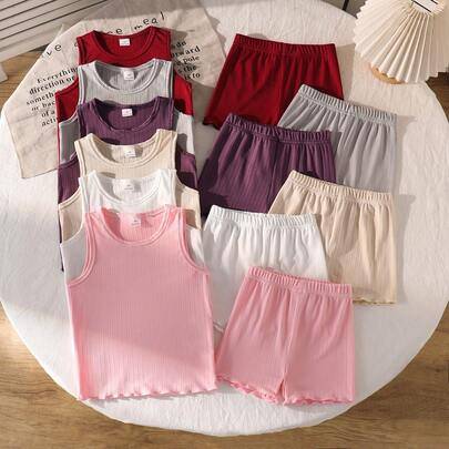 Shein Ung Flickas Höst Vinter Stickad Ribbad Set Rund Hals Shorts - Multifärgad