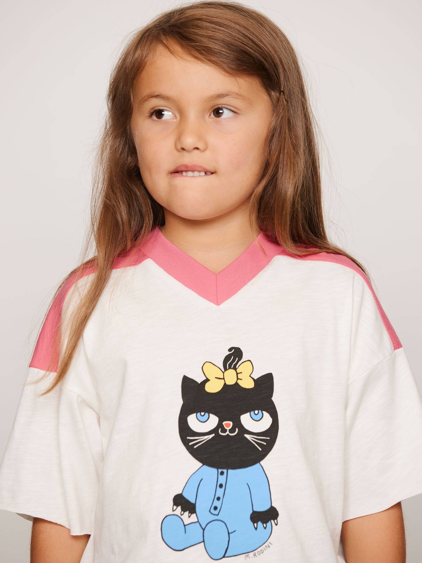 Mini Rodini Cat V-Ringad T-Shirt - Rosa