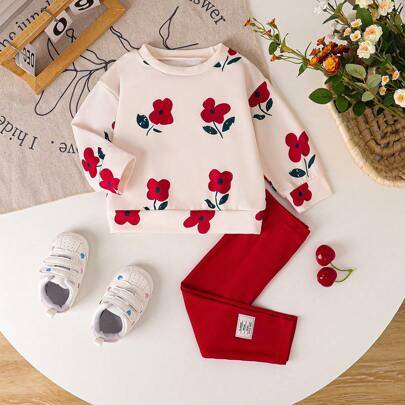 Shein Baby Girl Ribbad Tröja Rund Hals Ribbade Leggings - Röd
