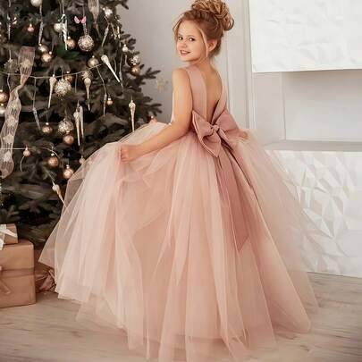 Shein Bowknot Backless Deep V Mesh Princess Dress - Rosa