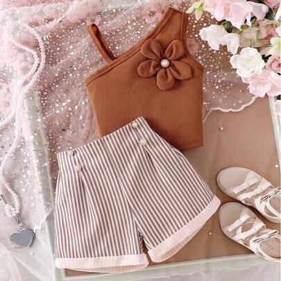 Shein 2-Delat Set Flickor Stickad Ribbad Rosa Blomma Rosa Vita Ribbade Shorts - Brun