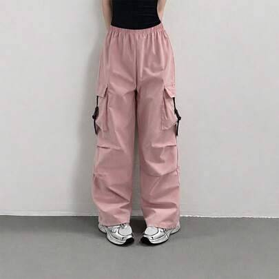 Shein Plain Color Raka Ben Cargo Byxor - Rosa