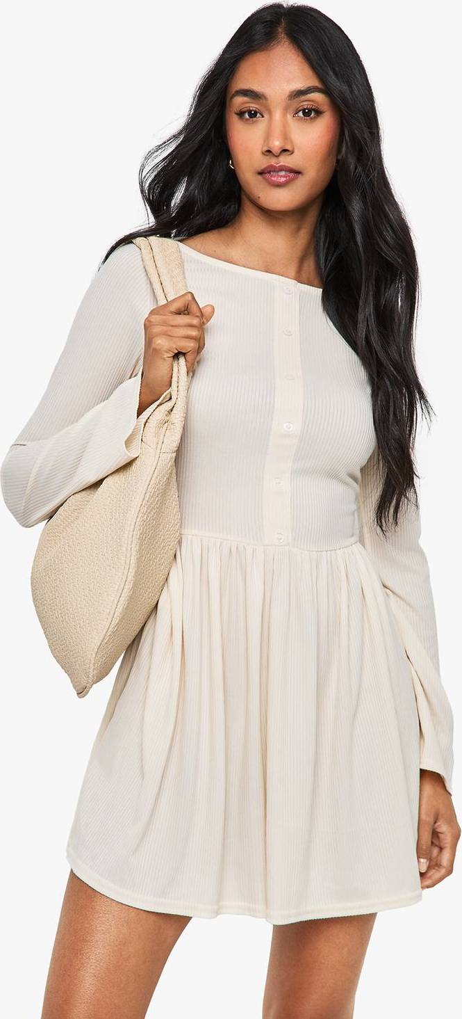 Drop mini boohoo Rib Drop Hem Button Down Mini Dress - Cream