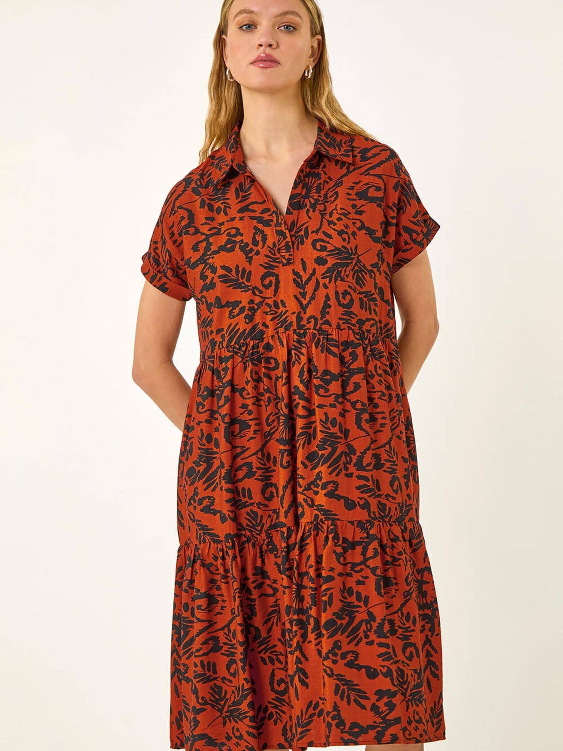 Roman Leaf Print Collared Smock Dress - Rust