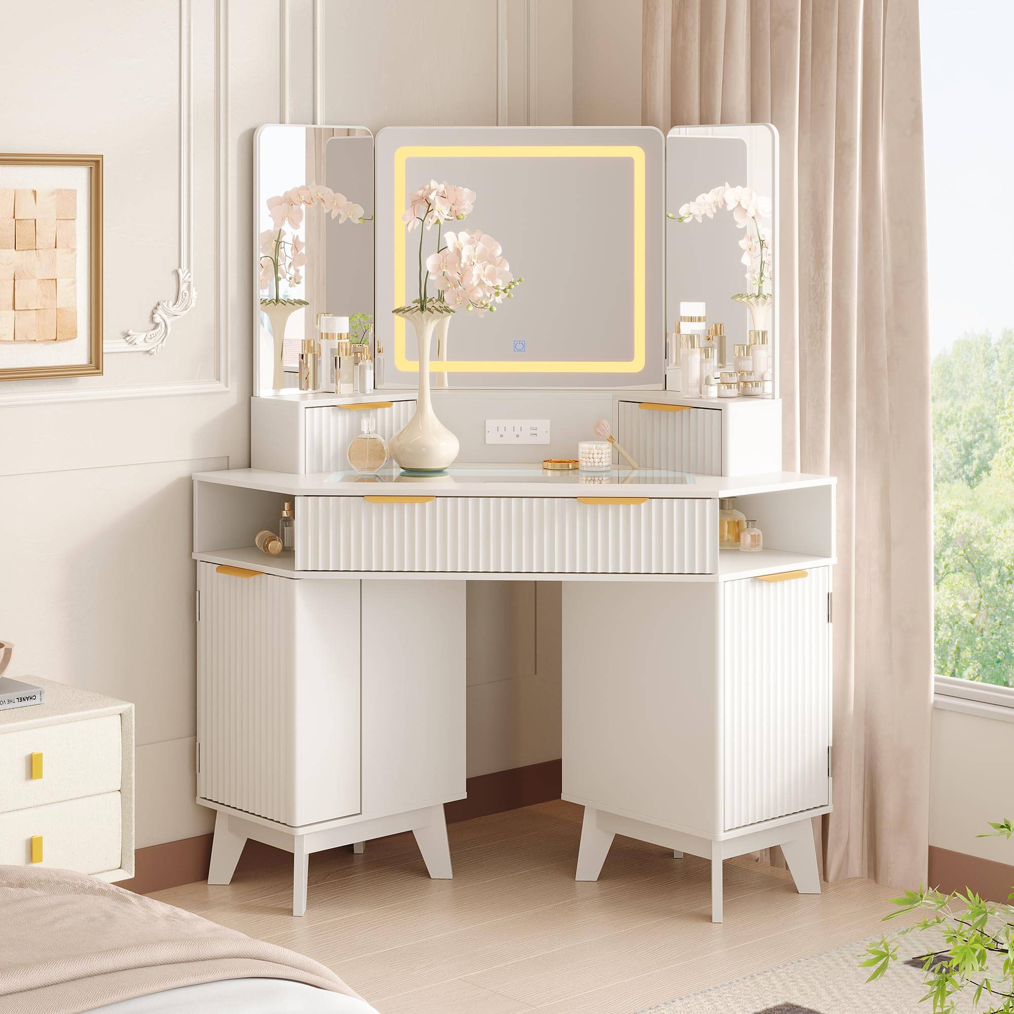 Makeup vanity glass IDEALHOUSE 48 Inch Fluted Makeup Vanity With Power Outlet Dressing Table