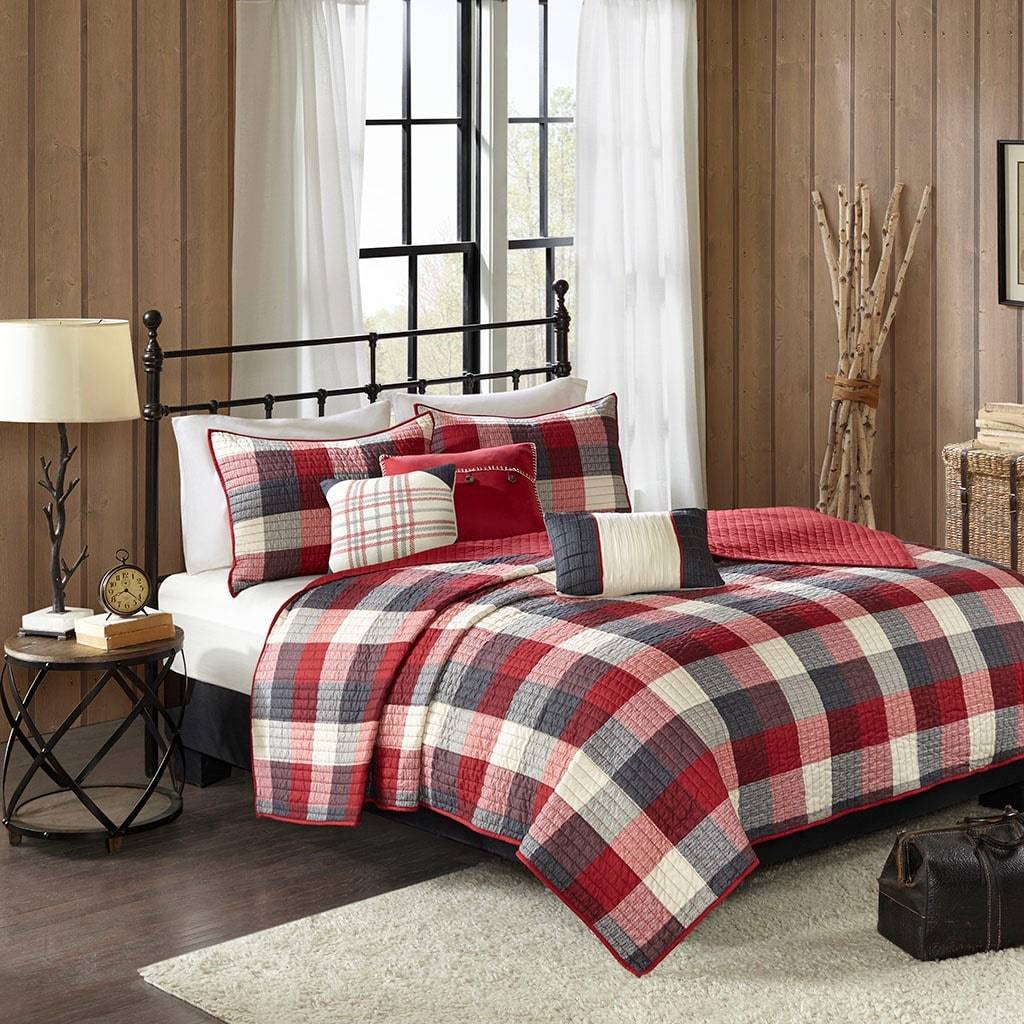 GDFSTUDIO Ridge Printed Herringbone Reversible Quilt Set Quilts Red